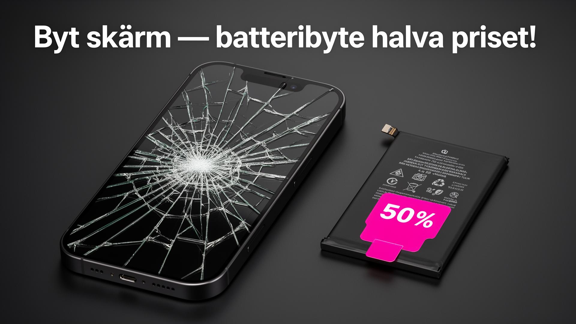Byt skärm — batteribyte halva priset